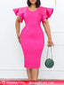 Women Bodycon Dress O Neck Beading Ruffles Sleeves High Waist African Party Fashion Rose Red / S