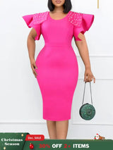 Women Bodycon Dress O Neck Beading Ruffles Sleeves High Waist African Party Fashion Rose Red / S