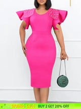 Women Bodycon Dress O Neck Beading Ruffles Sleeves High Waist African Party Fashion Rose Red / S