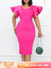 Women Bodycon Dress O Neck Beading Ruffles Sleeves High Waist African Party Fashion Rose Red / S