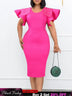 Women Bodycon Dress O Neck Beading Ruffles Sleeves High Waist African Party Fashion Rose Red / S