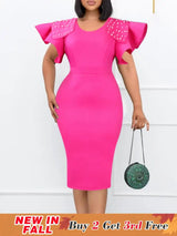 Women Bodycon Dress O Neck Beading Ruffles Sleeves High Waist African Party Fashion Rose Red / S