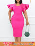 Women Bodycon Dress O Neck Beading Ruffles Sleeves High Waist African Party Fashion Rose Red / S