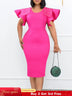 Women Bodycon Dress O Neck Beading Ruffles Sleeves High Waist African Party Fashion Rose Red / S