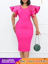 Women Bodycon Dress O Neck Beading Ruffles Sleeves High Waist African Party Fashion Rose Red / S