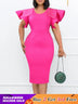 Women Bodycon Dress O Neck Beading Ruffles Sleeves High Waist African Party Fashion Rose Red / S