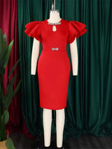 Women Bodycon Party Dress Ruffles Sleeves Hollow Out Party