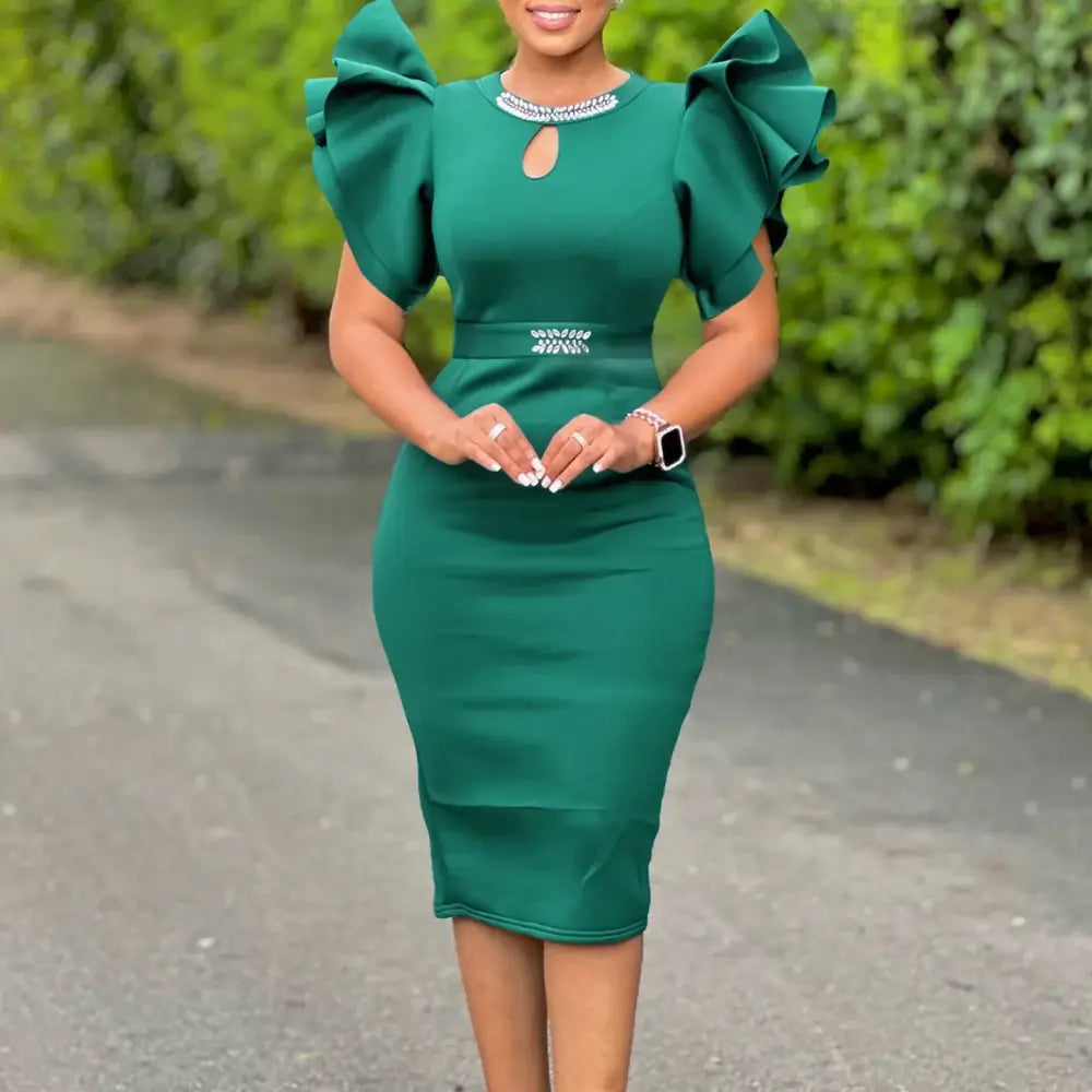 Women Bodycon Party Dress Ruffles Sleeves Hollow Out Party Green / S