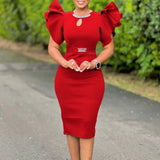 Women Bodycon Party Dress Ruffles Sleeves Hollow Out Party Red / S