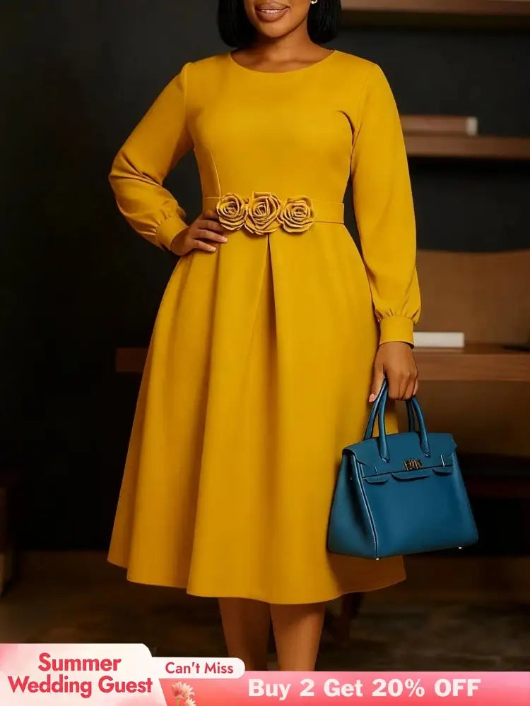 Women Elegant A Line Dresses O Neck Long Puff Sleeve 3D Flower