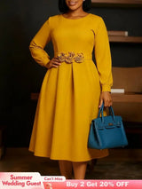 Women Elegant A Line Dresses O Neck Long Puff Sleeve 3D Flower