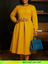 Women Elegant A Line Dresses O Neck Long Puff Sleeve 3D Flower