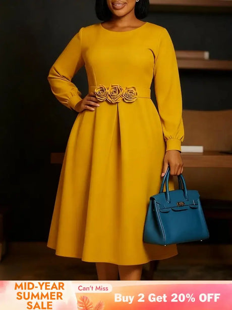 Women Elegant A Line Dresses O Neck Long Puff Sleeve 3D Flower