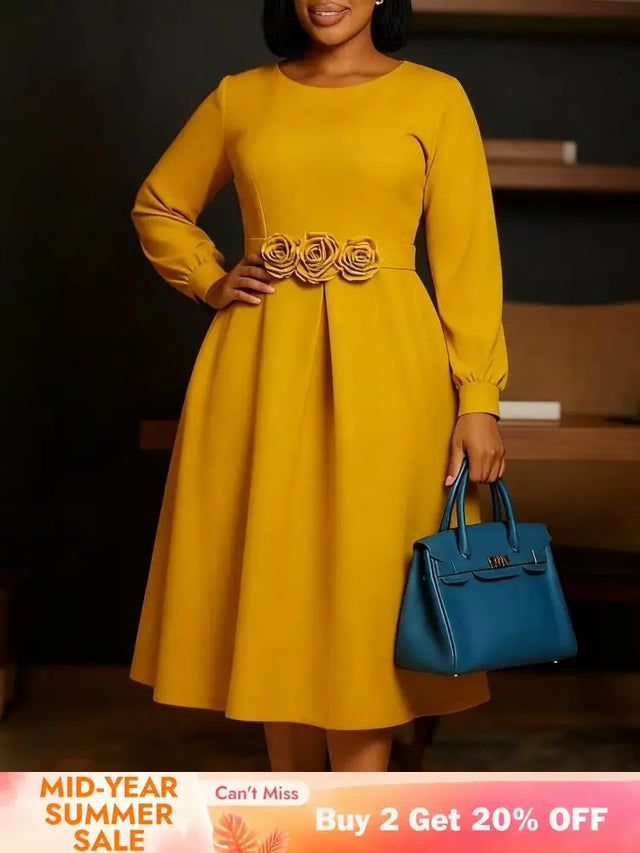 Women Elegant A Line Dresses O Neck Long Puff Sleeve 3D Flower