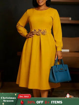 Women Elegant A Line Dresses O Neck Long Puff Sleeve 3D Flower