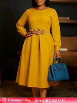 Women Elegant A Line Dresses O Neck Long Puff Sleeve 3D Flower