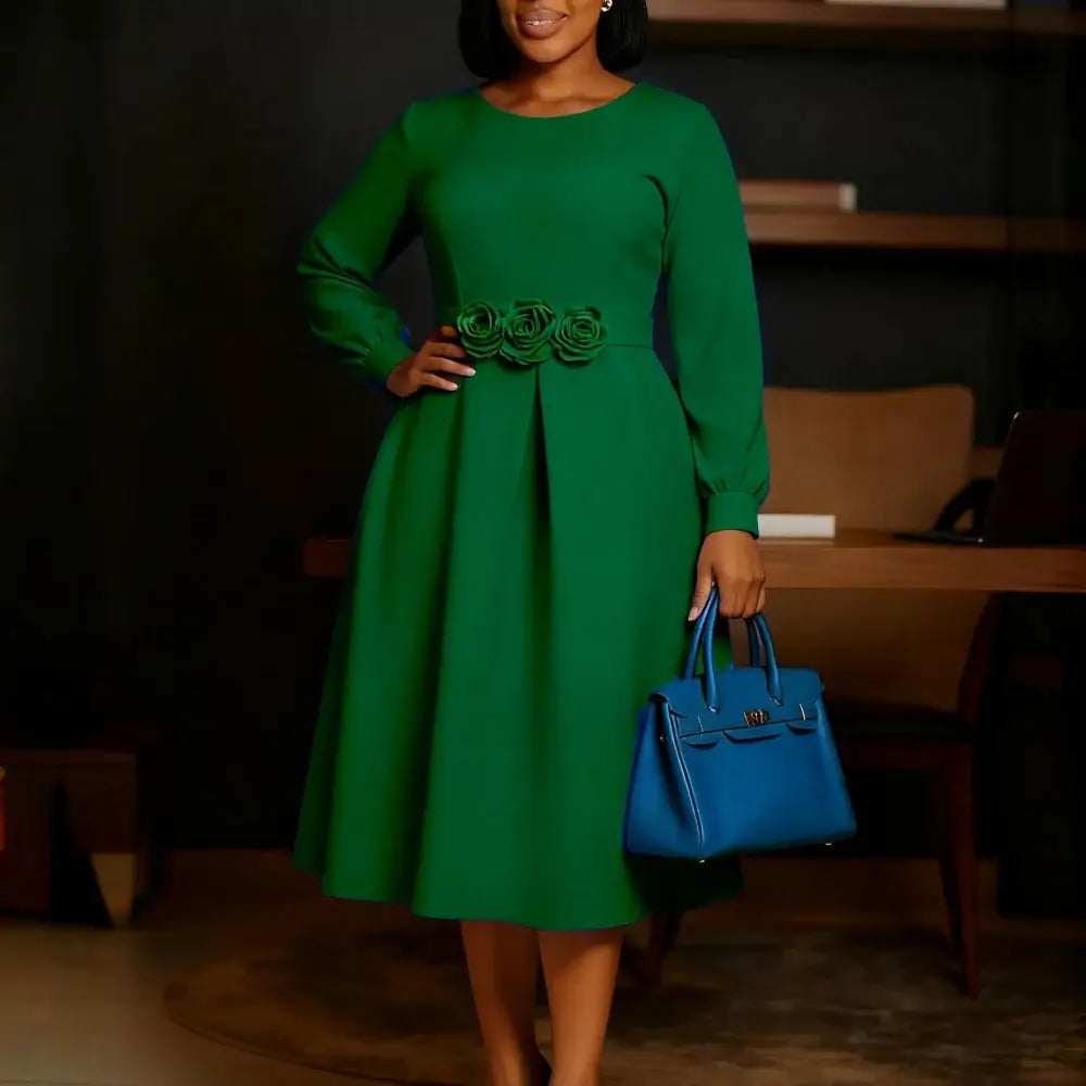 Women Elegant A Line Dresses O Neck Long Puff Sleeve 3D Flower