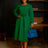 Women Elegant A Line Dresses O Neck Long Puff Sleeve 3D Flower green / S