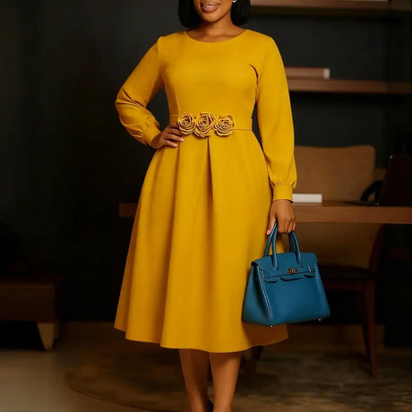 Women Elegant A Line Dresses O Neck Long Puff Sleeve 3D Flower Yellow / S