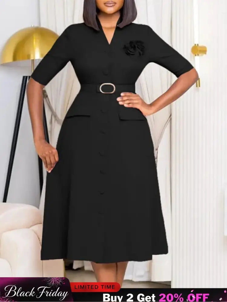Women Elegant A Line Midi Dress V Neck Half Sleeve 3D Flower Waist Belt