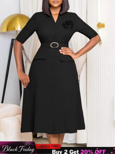 Women Elegant A Line Midi Dress V Neck Half Sleeve 3D Flower Waist Belt