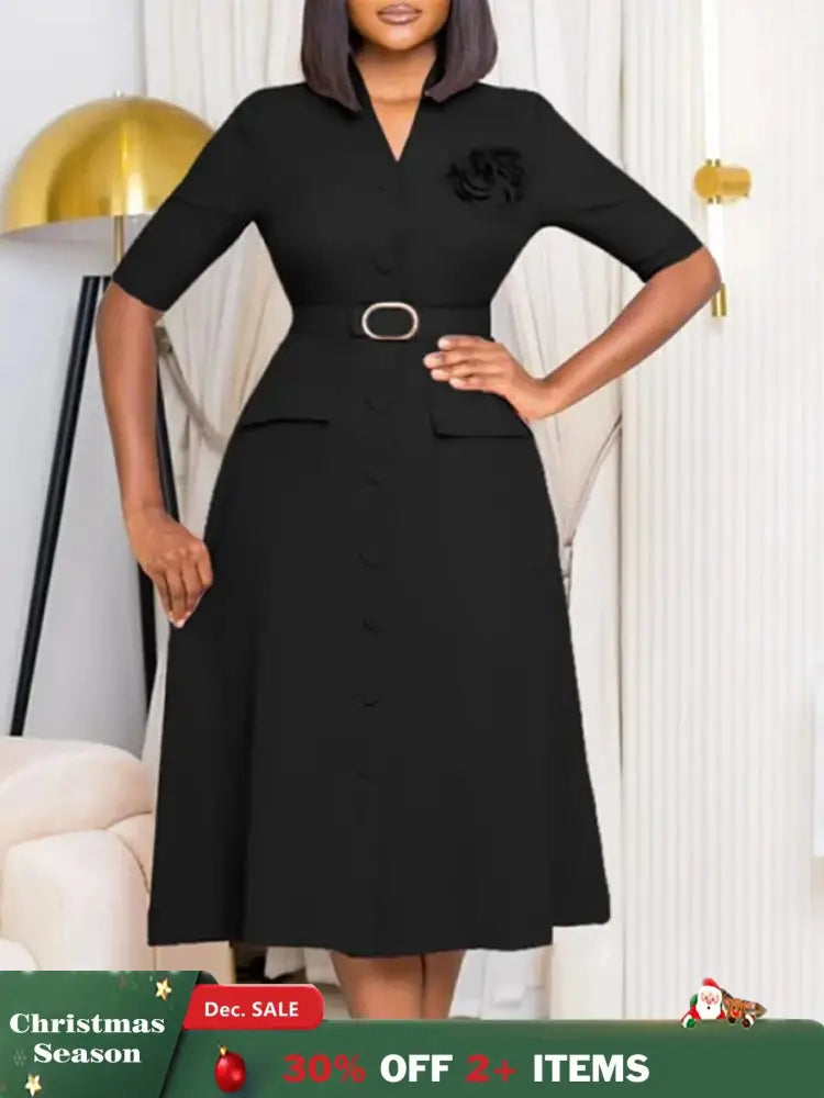 Women Elegant A Line Midi Dress V Neck Half Sleeve 3D Flower Waist Belt