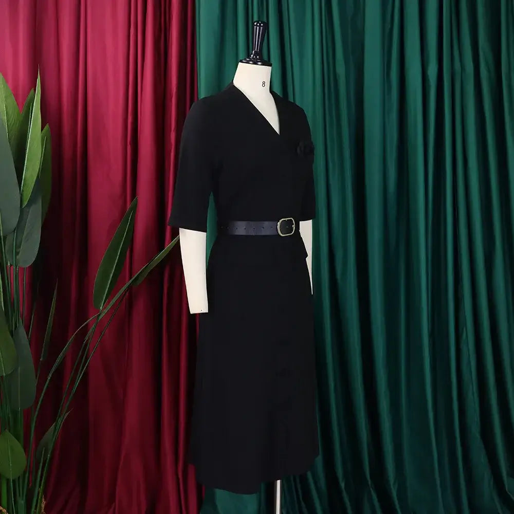 Women Elegant A Line Midi Dress V Neck Half Sleeve 3D Flower Waist Belt