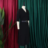 Women Elegant A Line Midi Dress V Neck Half Sleeve 3D Flower Waist Belt