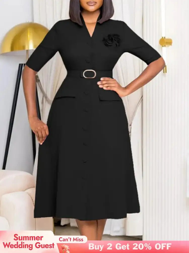 Women Elegant A Line Midi Dress V Neck Half Sleeve 3D Flower Waist Belt