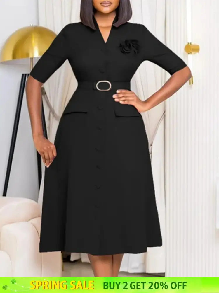 Women Elegant A Line Midi Dress V Neck Half Sleeve 3D Flower Waist Belt