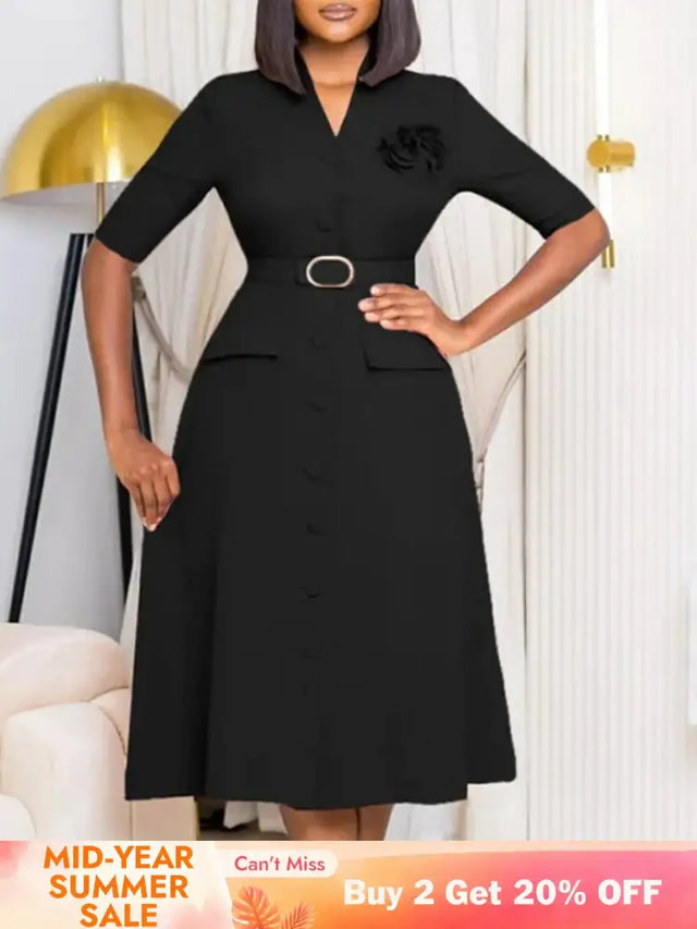 Women Elegant A Line Midi Dress V Neck Half Sleeve 3D Flower Waist Belt