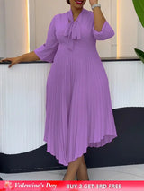 Women Elegant A Line Midi Pleated Dress with Bow Tie Neck 3/4 Sleeves Irregular