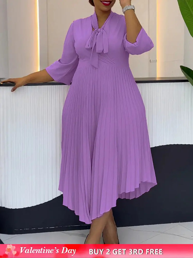 Women Elegant A Line Midi Pleated Dress with Bow Tie Neck 3/4 Sleeves Irregular