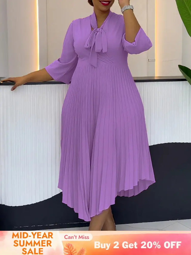 Women Elegant A Line Midi Pleated Dress with Bow Tie Neck 3/4 Sleeves Irregular