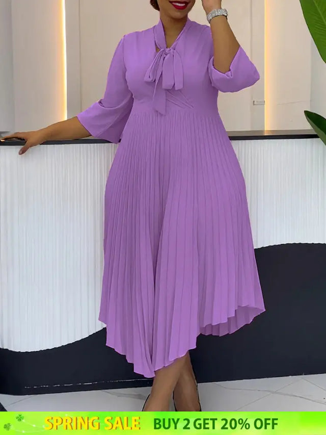 Women Elegant A Line Midi Pleated Dress with Bow Tie Neck 3/4 Sleeves Irregular