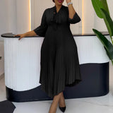 Women Elegant A Line Midi Pleated Dress with Bow Tie Neck 3/4 Sleeves Irregular