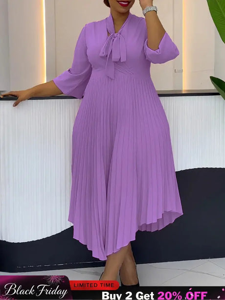 Women Elegant A Line Midi Pleated Dress with Bow Tie Neck 3/4 Sleeves Irregular