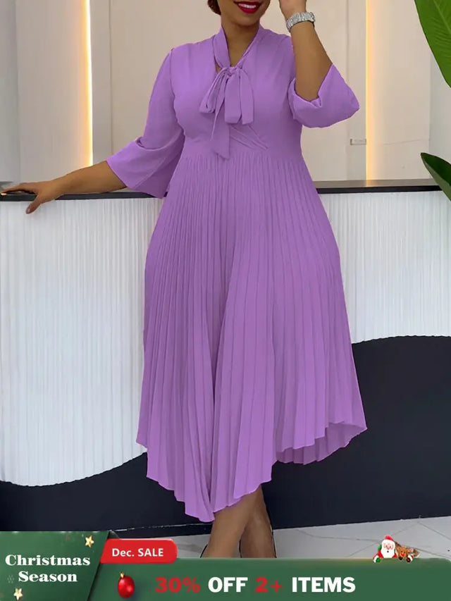 Women Elegant A Line Midi Pleated Dress with Bow Tie Neck 3/4 Sleeves Irregular