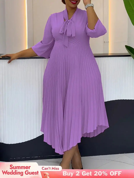 Women Elegant A Line Midi Pleated Dress with Bow Tie Neck 3/4 Sleeves Irregular