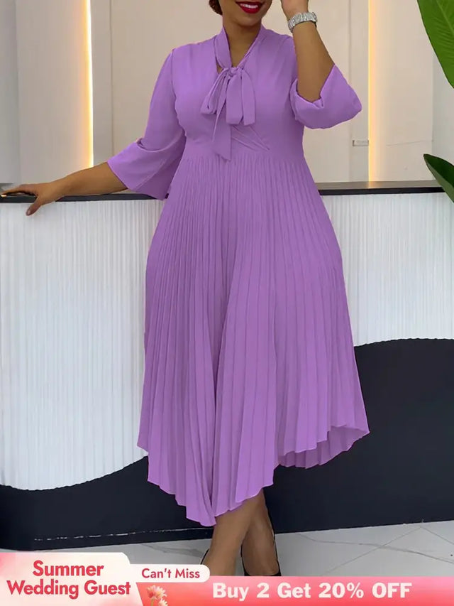 Women Elegant A Line Midi Pleated Dress with Bow Tie Neck 3/4 Sleeves Irregular