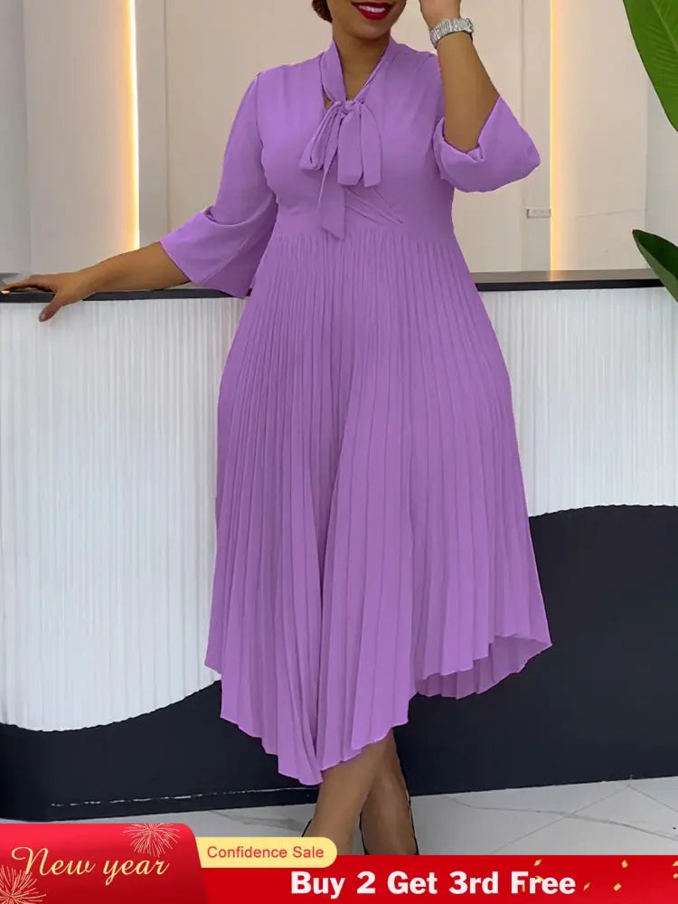 Women Elegant A Line Midi Pleated Dress with Bow Tie Neck 3/4 Sleeves Irregular