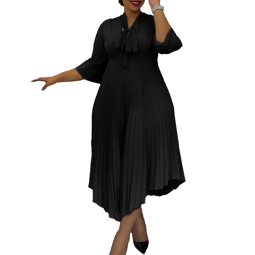 Women Elegant A Line Midi Pleated Dress with Bow Tie Neck 3/4 Sleeves Irregular Black / S