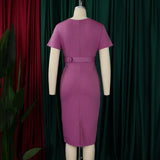 Women Elegant Bodycon Dress Short Sleeves Wrap V Neck Modest