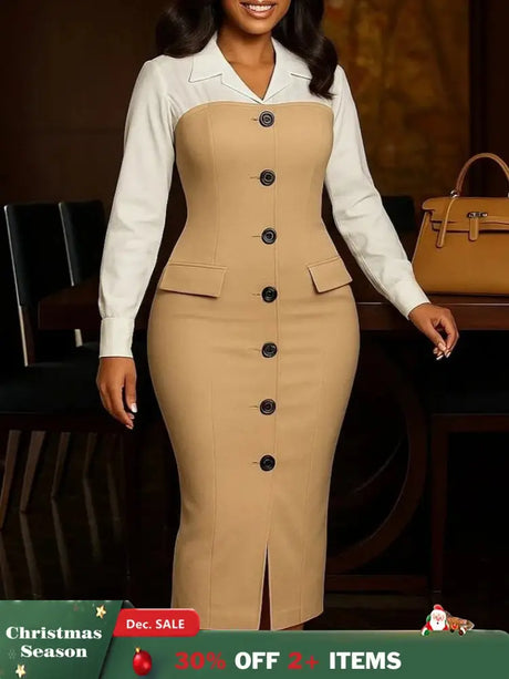 Women Elegant Church Dresses Color Block Notched Lapel Long Sleeve Button
