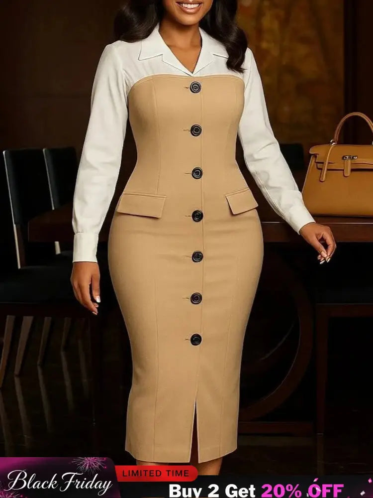 Women Elegant Church Dresses Color Block Notched Lapel Long Sleeve Button
