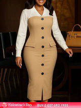 Women Elegant Church Dresses Color Block Notched Lapel Long Sleeve Button