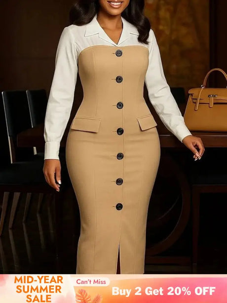 Women Elegant Church Dresses Color Block Notched Lapel Long Sleeve Button