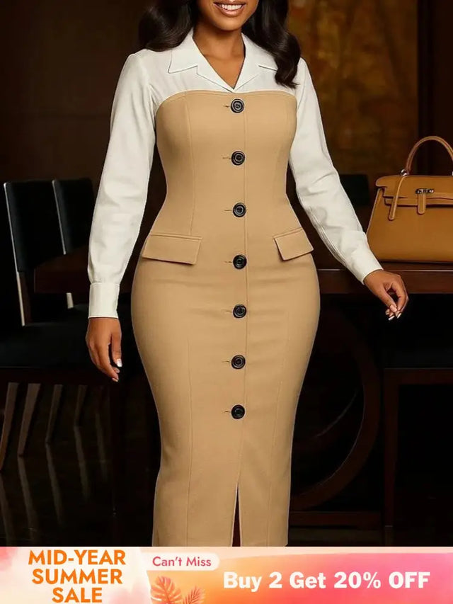 Women Elegant Church Dresses Color Block Notched Lapel Long Sleeve Button