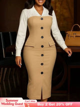 Women Elegant Church Dresses Color Block Notched Lapel Long Sleeve Button
