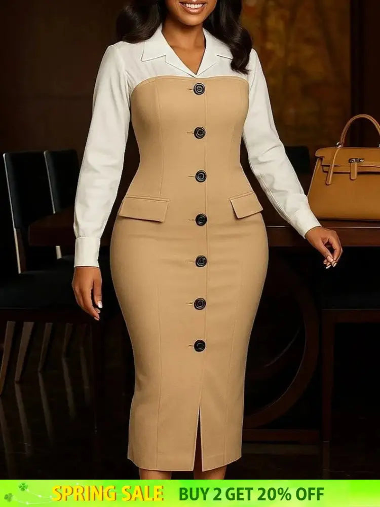 Women Elegant Church Dresses Color Block Notched Lapel Long Sleeve Button